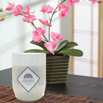 Scented Candle Orchid Fragrance in Pure Soy Wax in White Luster Glass Jar Pearl Series by AaromaZ.