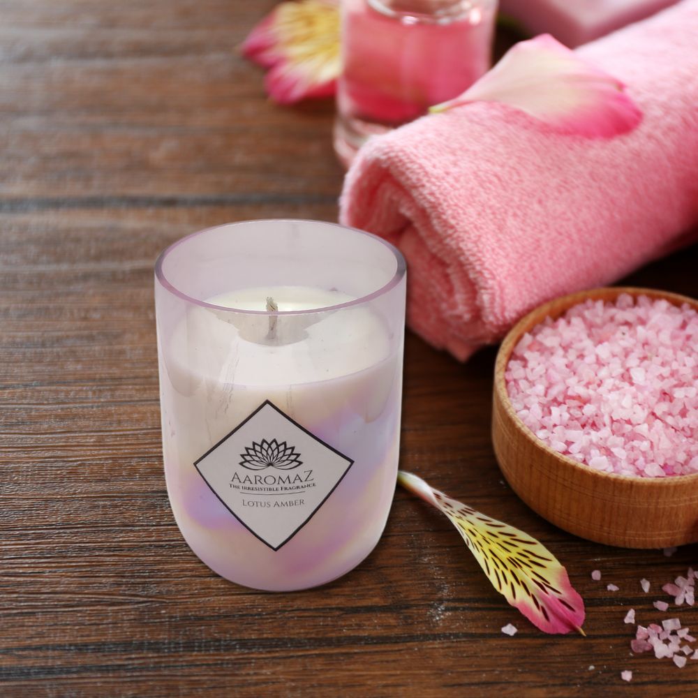 Pearl Series, Scented Candle Lotus Amber Fragrance in Pure Soy Wax in Pink Luster Glass Jar Pearl Series by AaromaZ.