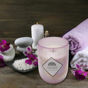 Home AaromaZ Scented Candle Tropical Sunset Fragrance in Pure Soy Wax in Pink Luster Glass Jar Pearl Series by AaromaZ.