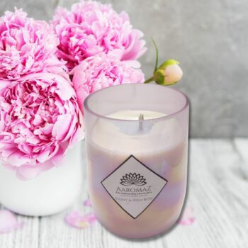Scented Candle Peony Wild Rose Fragrance in Pure Soy Wax in Pink Luster Glass Jar Pearl Series by AaromaZ.