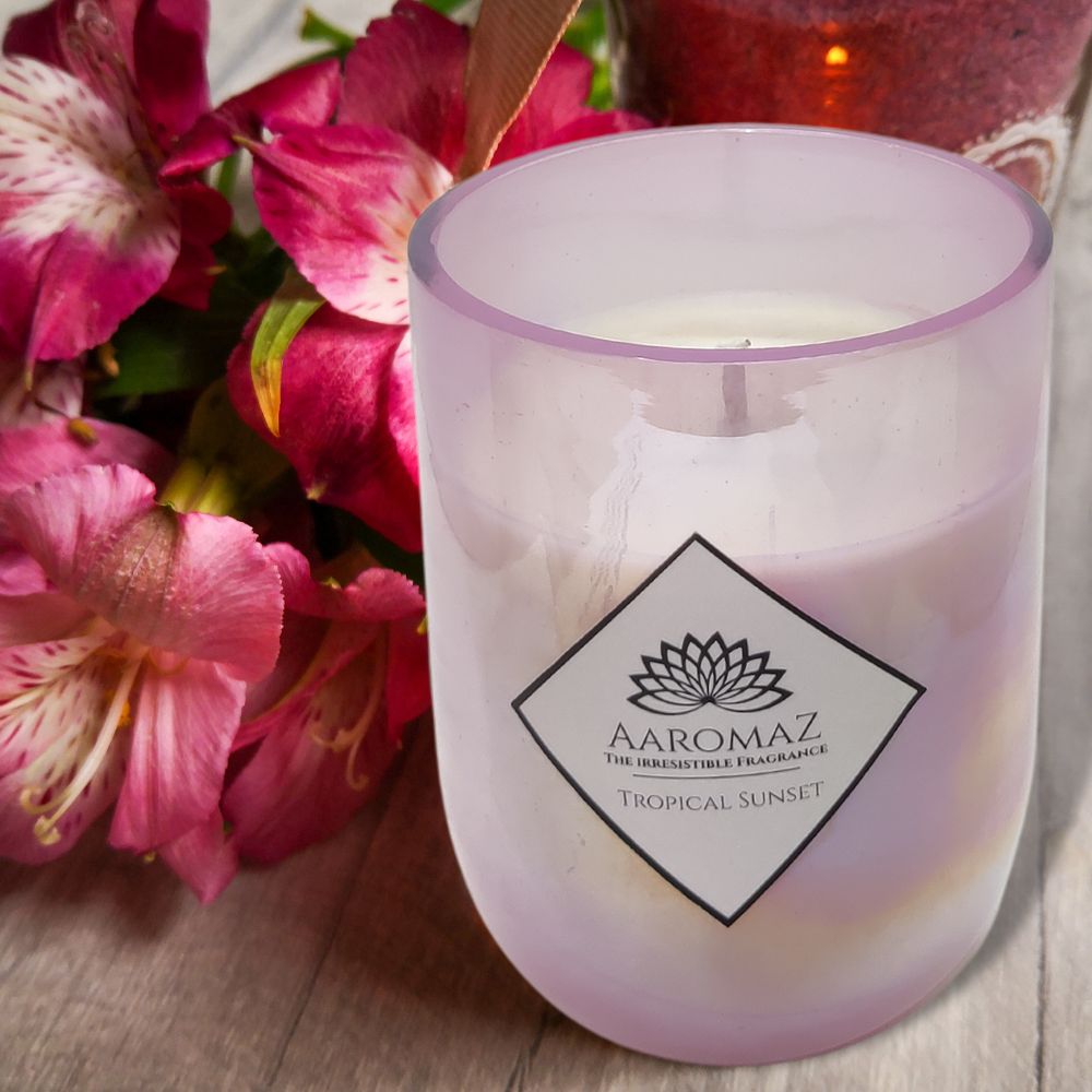 Scented Candle Tropical Sunset Fragrance in Pure Soy Wax in Pink Luster Glass Jar Pearl Series by AaromaZ.