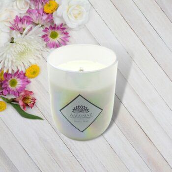Scented Candle White Teak Fragrance in Pure Soy Wax in White Luster Glass Jar Pearl Series by AaromaZ.