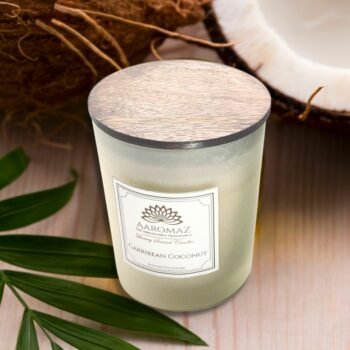 Scented Candle Caribbean Coconut Fragrance in Pure Soy Wax in Glass Jar Serenity Series by AaromaZ.