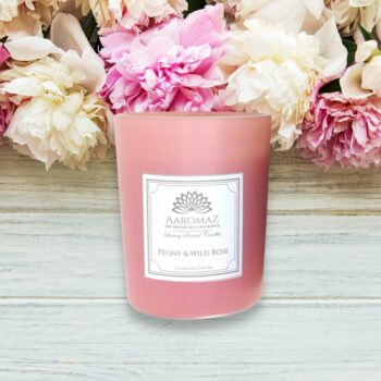 Scented Candle Peony Wild Rose Fragrance in Pure Soy Wax in Glass Jar Serenity Series by AaromaZ