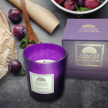 Scented Candle Frosted Plum Fragrance in Pure Soy Wax in Purple Glass Jar Serenity Series by AaromaZ.