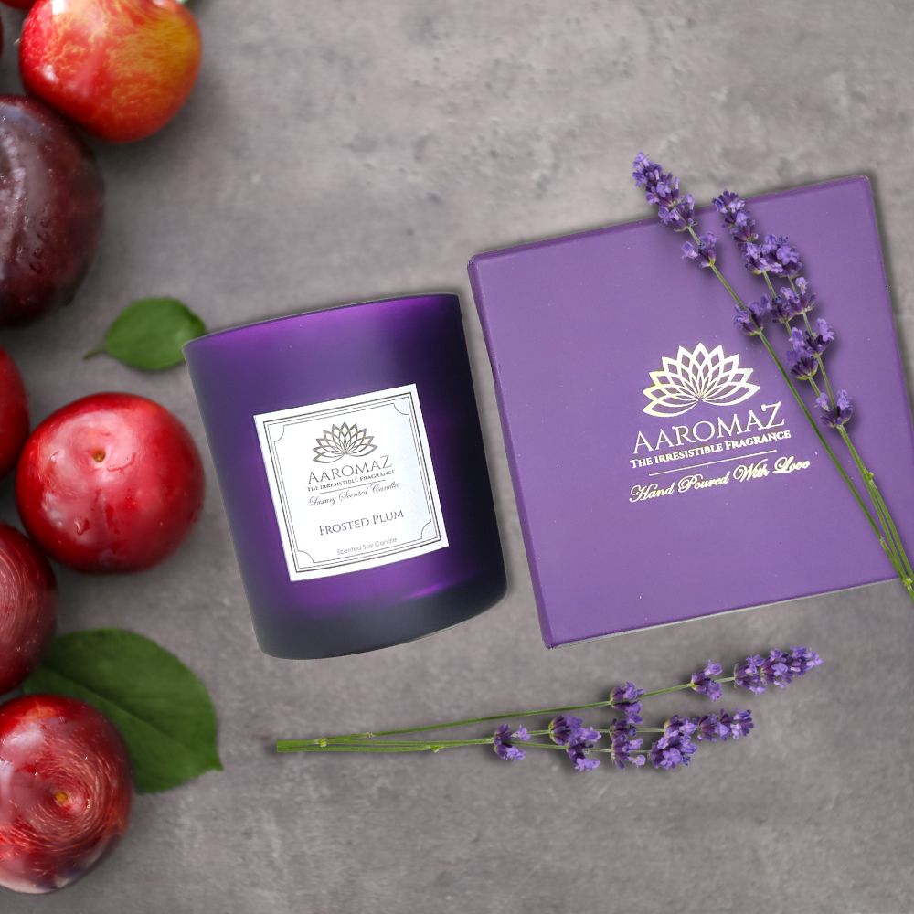 Candles, Scented Candle Frosted Plum Fragrance in Pure Soy Wax in Purple Glass Jar Serenity Series by AaromaZ.