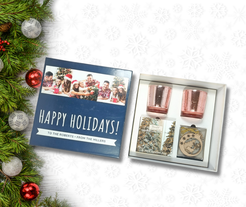 Personalized All-in-1 Christmas Gift Set Name Edition with 2 Scented Candles, Coaster Set, and Ornaments by AaromaZ