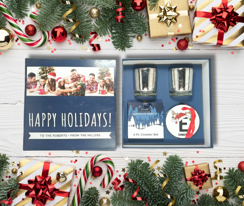 Personalized All-in-1 Christmas Gift Set Name Edition with 2 Scented Candles, Coaster Set, and Ornaments by AaromaZ
