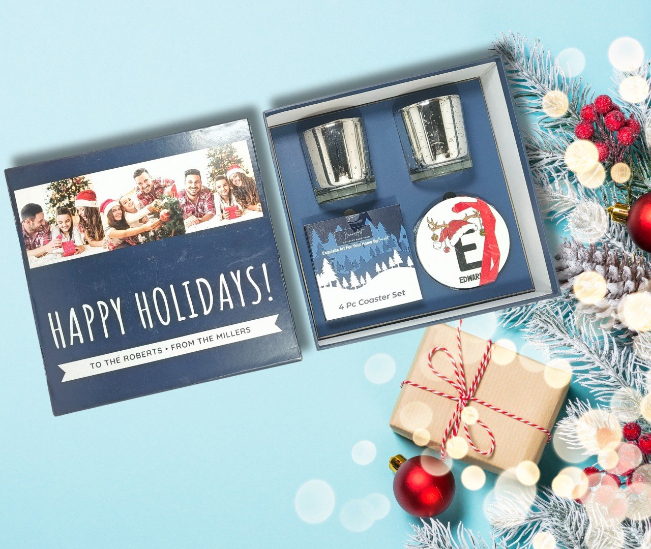 Personalized All-in-1 Christmas Gift Set Name Edition with 2 Scented Candles, Coaster Set, and Ornaments by AaromaZ