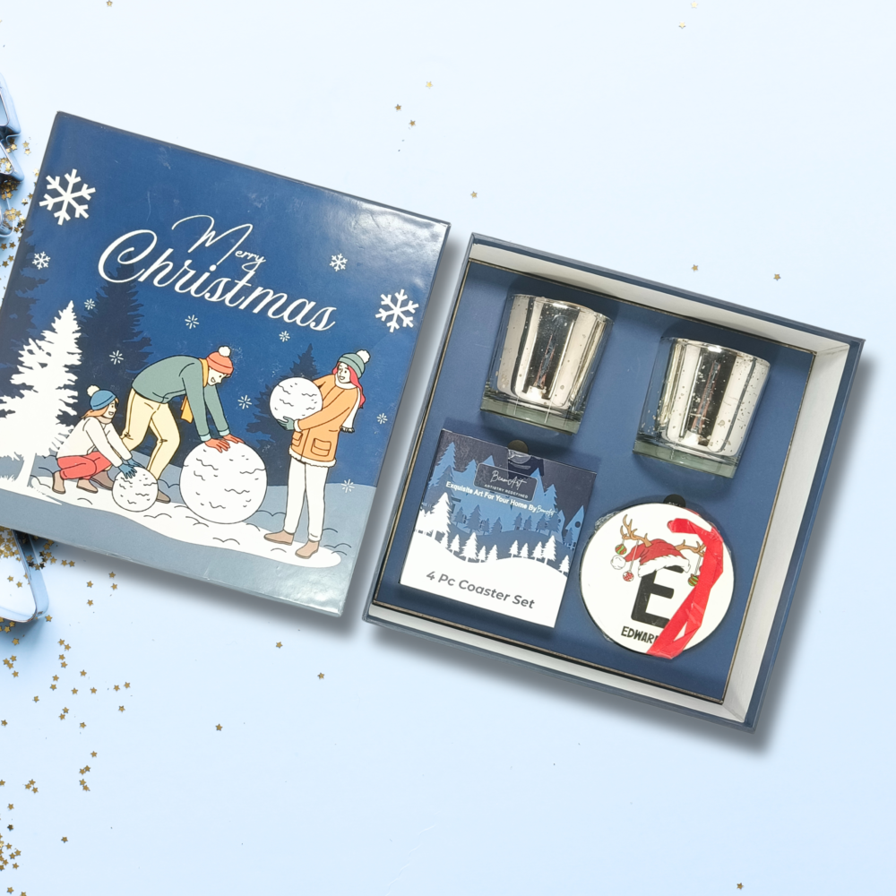 All-in-1 Christmas Gift Set Blue Theme with 2 Scented Candles, Coaster Set, and Ornaments by AaromaZ