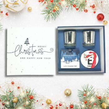All-in-1 Christmas Gift Set Minimalistic Theme with 2 Scented Candles, Coaster Set, and Ornaments by AaromaZ