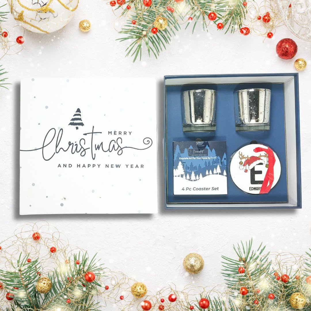 All-in-1 Christmas Gift Set Minimalistic Theme with 2 Scented Candles, Coaster Set, and Ornaments by AaromaZ
