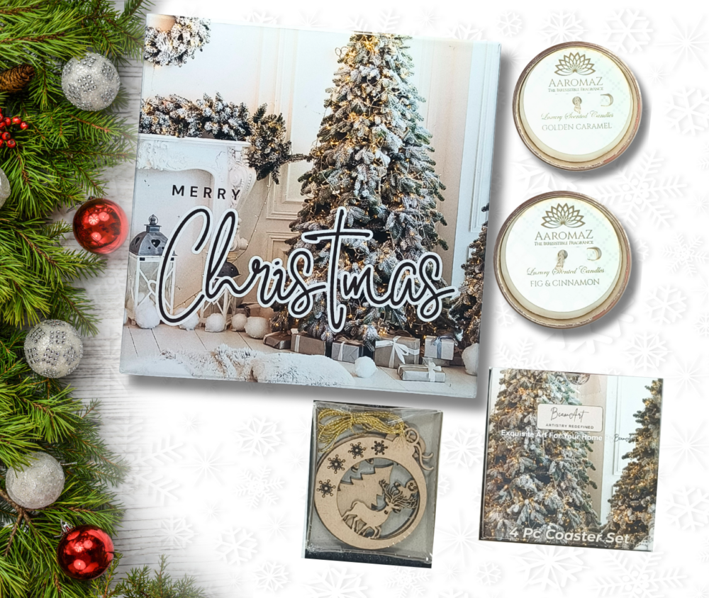 All-in-1 Christmas Gift Set – Golden Theme with 2 Scented Candles, Coaster Set, and Ornaments by AaromaZ