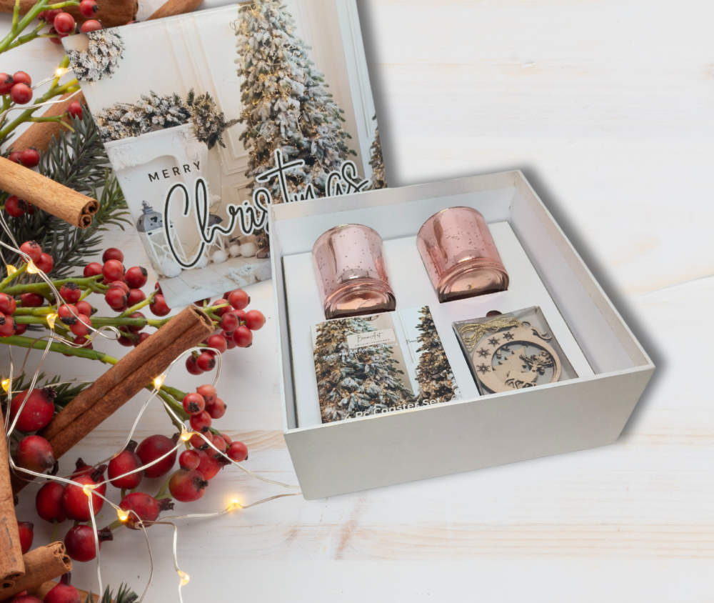 All-in-1 Christmas Gift Set – Golden Theme with 2 Scented Candles, Coaster Set, and Ornaments by AaromaZ