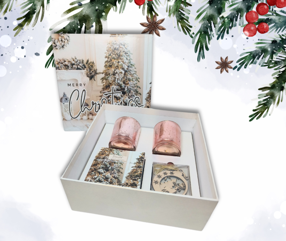 All-in-1 Christmas Gift Set – Golden Theme with 2 Scented Candles, Coaster Set, and Ornaments by AaromaZ