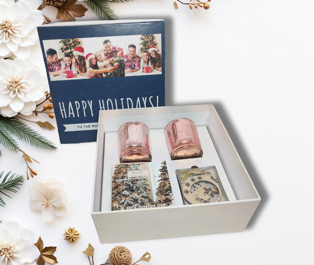 Personalized All-in-1 Christmas Gift Set Name Edition with 2 Scented Candles, Coaster Set, and Ornaments by AaromaZ