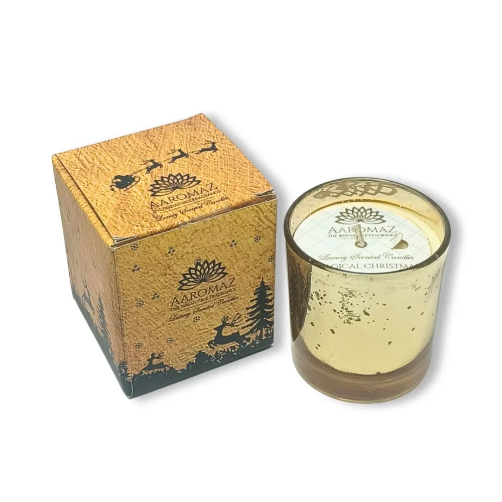 Magical Christmas Scented Candle – Pure Soy Wax in Festive Glass Jar(150g) | AaromaZ Christmas Collection | Golden Jar