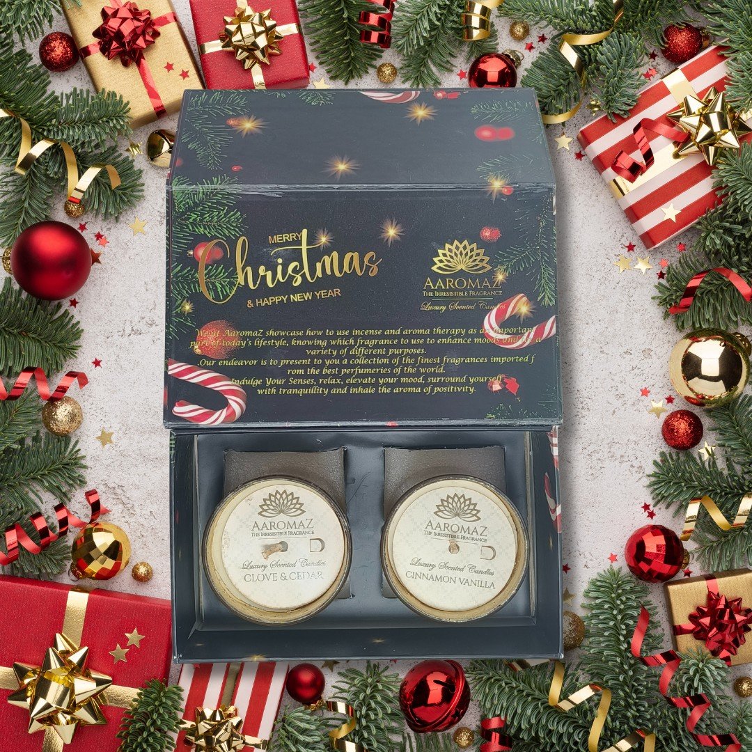 2-in-1 Scented Candle Set Clove Cedar and Cinnamon Vanilla in Golden Mercury Jars – Christmas Edition by AaromaZ 2-in-1 Scented Candle Set Clove Cedar And Cinnamon Vanilla 2-in-1 scented candle set Clove Cedar and Cinnamon Vanilla