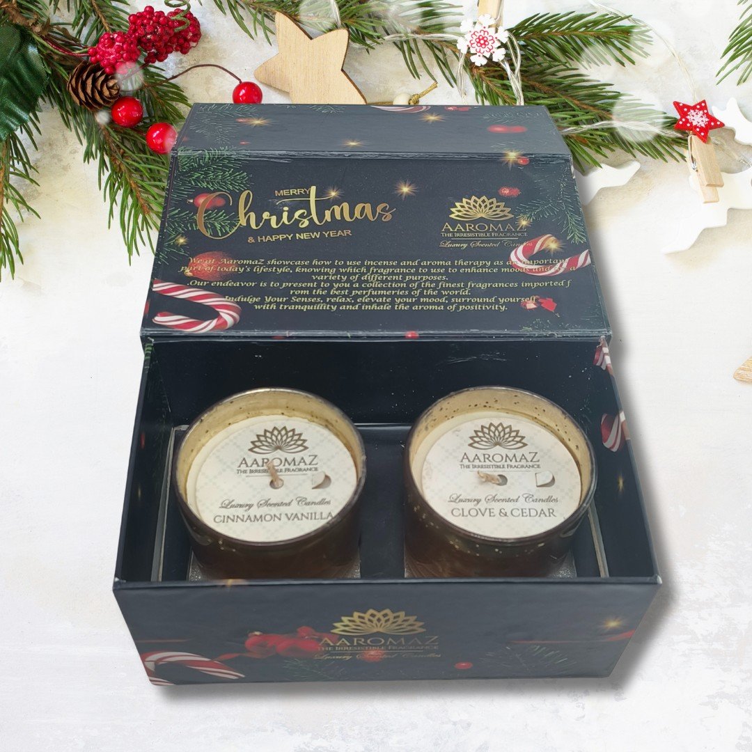 2-in-1 Scented Candle Set Clove Cedar and Cinnamon Vanilla in Golden Mercury Jars – Christmas Edition by AaromaZ 2-in-1 Scented Candle Set Clove Cedar And Cinnamon Vanilla 2-in-1 scented candle set Clove Cedar and Cinnamon Vanilla in Golden Mercury Jars – Christmas Edition by AaromaZ