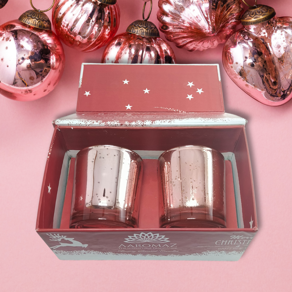 2-in-1 Scented Candle Set Fig Cinnamon And Cinnamon Strussel in Pink Mercury Jars – Festive Edition by AaromaZ